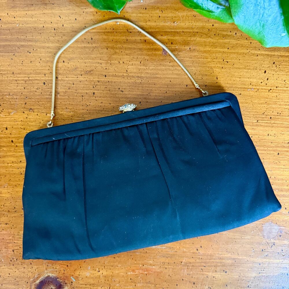 Vintage Black Satin Evening Bag Rhinestone Clasp Gold Chain Formal Clutch USA